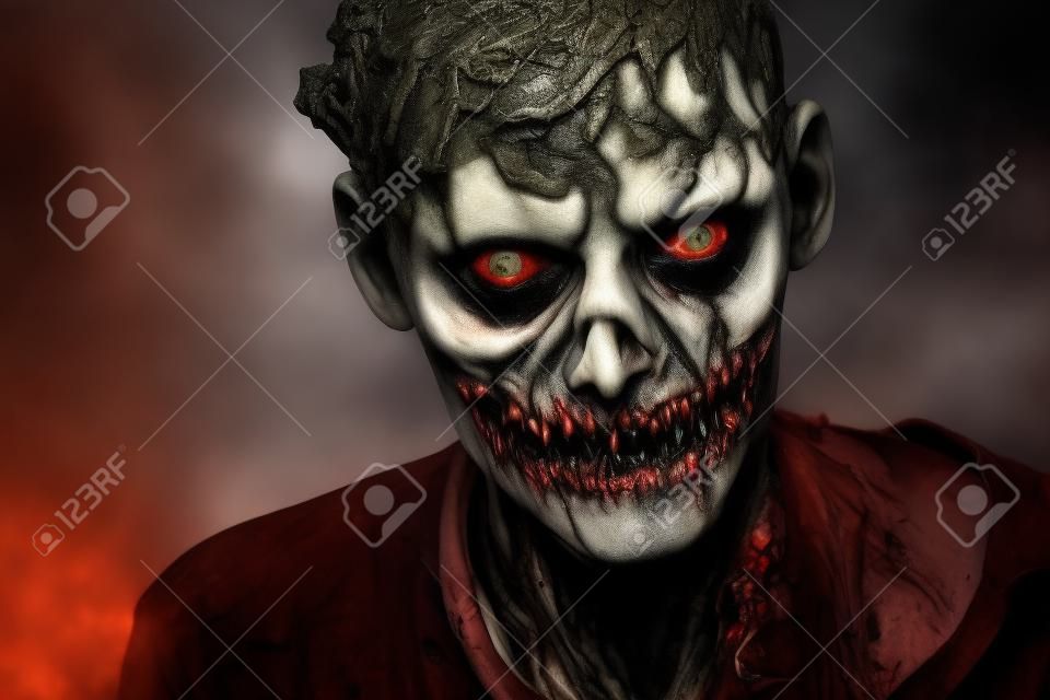Close-up portrait of a horrible scary zombie man. Horror. Halloween.