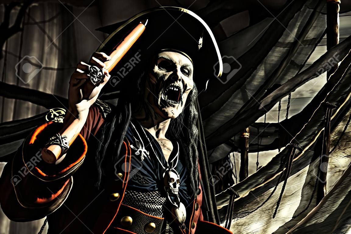Fantasy avonturenroman, verschrikkelijke boze piraat, opgestaan uit de dood. Halloween.
