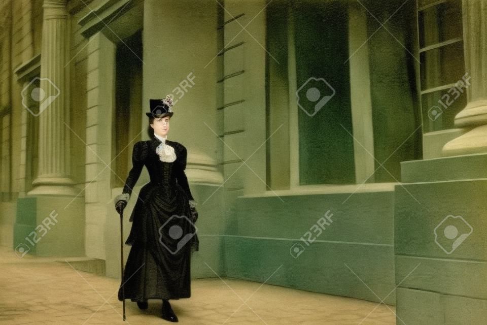An elegant 19th century lady strolls down a city street. History and Fashion of the late 19th - early 20th century. Full length portrait.