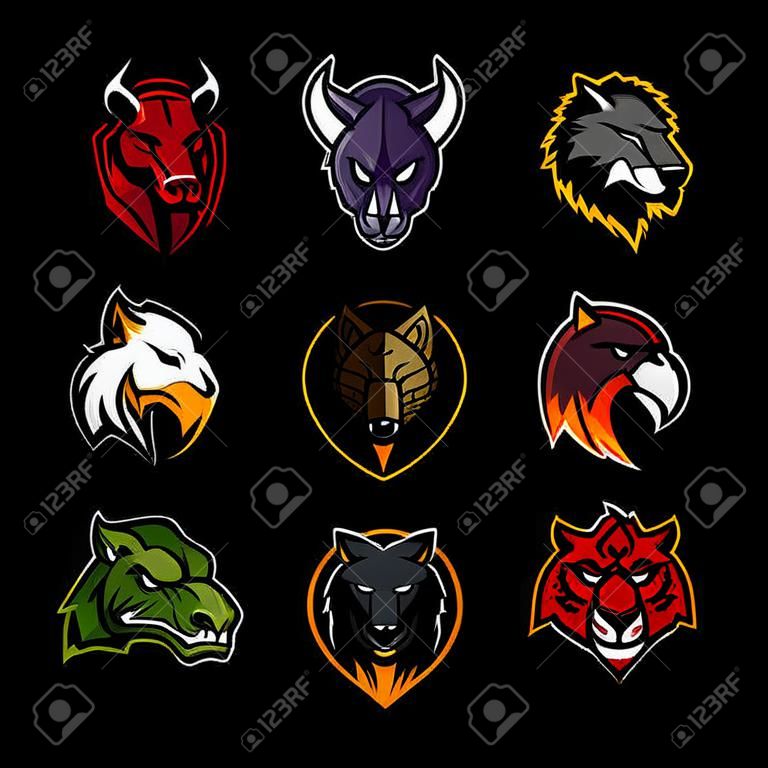 Bull, rhino, wolf, eagle, cobra, alligator, panther, boar head logo. Modern badge mascot design. Premium quality wild animal, bird, snake, t-shirt, tee print illustration.