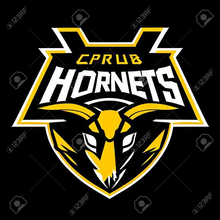 Furious hornet head of an athletic club vector logo concept isolated on a black background. Modern sport team mascot badge design. Premium quality wild insect emblem t-shirt tee print illustration.