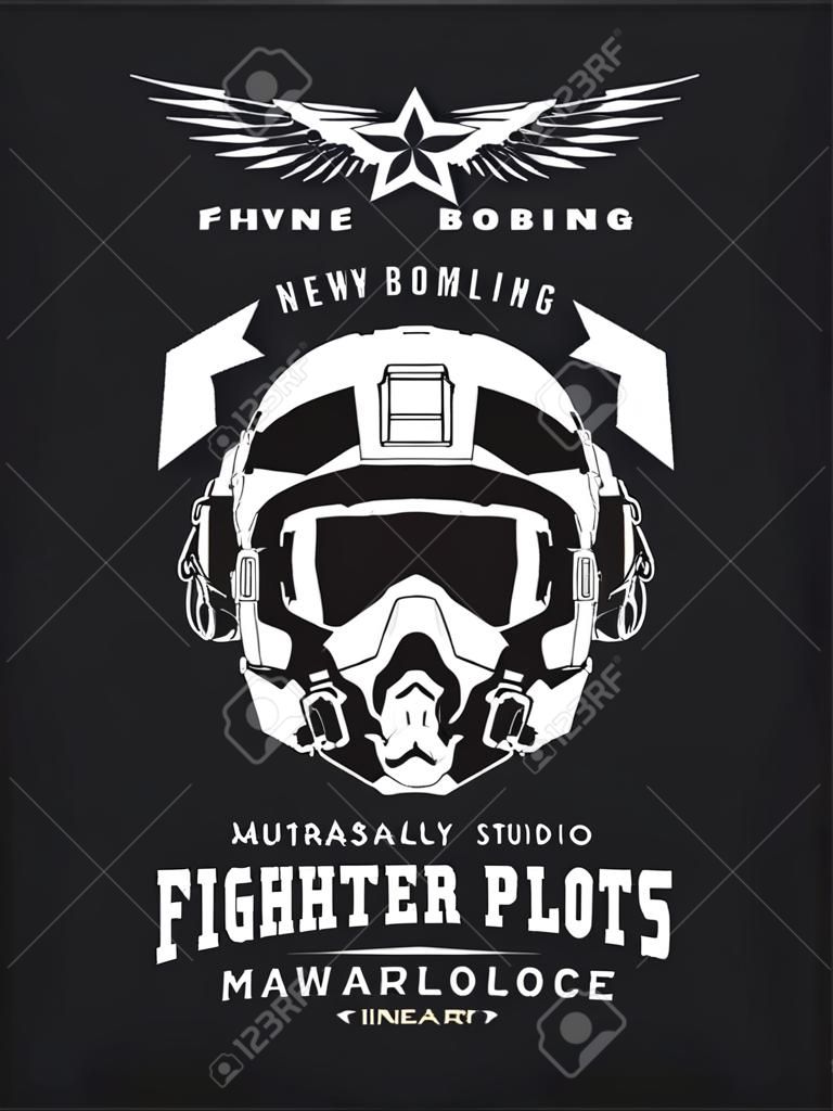 Vintage fighter pilot helmet vector logo isolated on dark background.