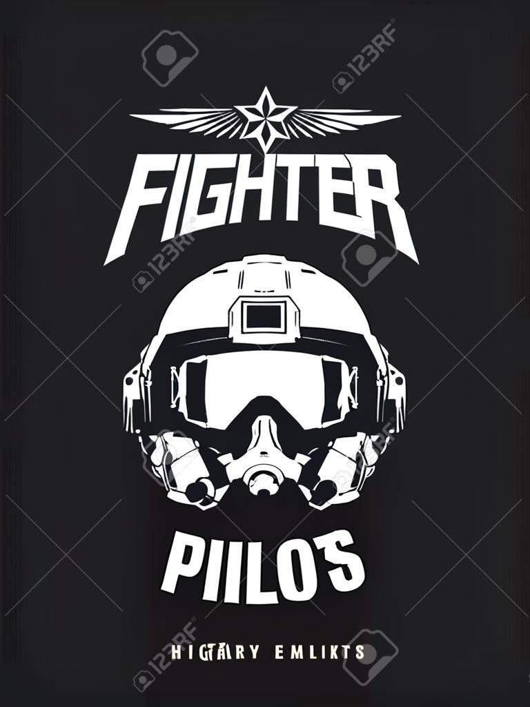 Vintage fighter pilot helmet vector logo isolated on dark background.