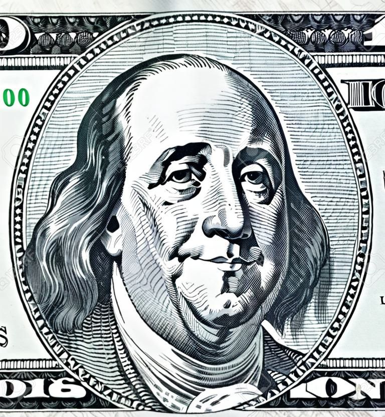 Retrato feliz do presidente Benjamin Franklin na nota de 100 dólares dos EUA