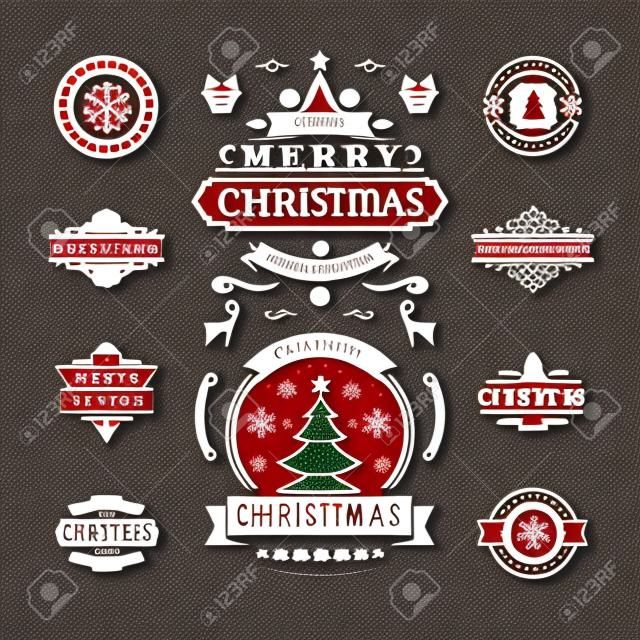 Kerst Decoraties Vector Design Elementen. Typografische elementen, Symbolen, Iconen, Vintage Labels, Badges, Frames, Ornamenten set. Floerishes kalligraphic. Vrolijk kerstfeest en gelukkige feestdagen wensen.