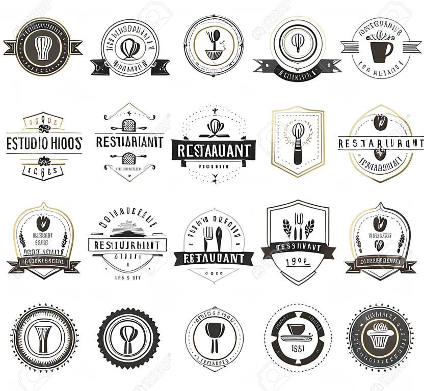 Restaurante de la vendimia Logos plantillas de diseño establecidas. Elementos del vector de diseño, restaurante y cafetería, iconos de comida rápida.