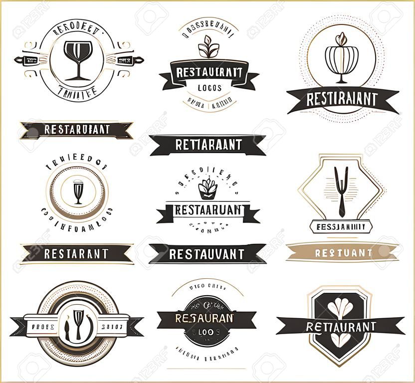Restaurante de la vendimia Logos plantillas de diseño establecidas. Elementos del vector de diseño, restaurante y cafetería, iconos de comida rápida.