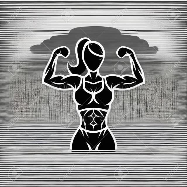 Bodybuilder vrouwelijke silhouet geïsoleerd op witte achtergrond vector illustratie. Vector fitness fitness fitness graphics illustratie.