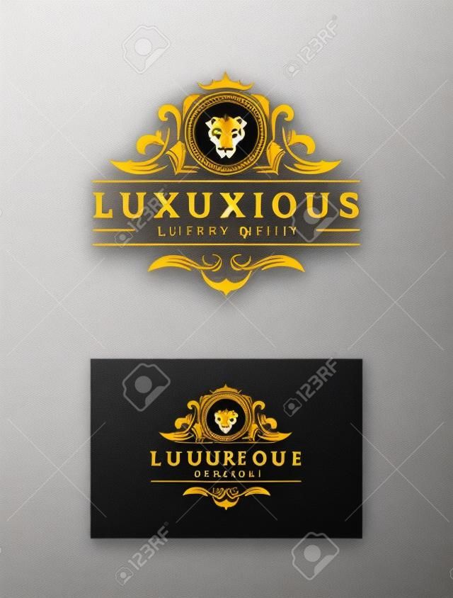 Design del modello di logo di lusso con illustrazione vettoriale di leone.