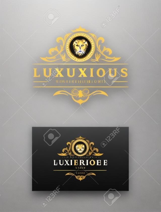 Design del modello di logo di lusso con illustrazione vettoriale di leone.
