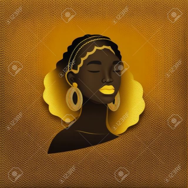Visage de femme africaine à la peau noire avec les yeux fermés dans des accessoires de bijoux dorés illustration vectorielle plate portrait féminin afro bronzage ethnique et coiffure dessinés à la main art mural esthétique imprimé beauté boho