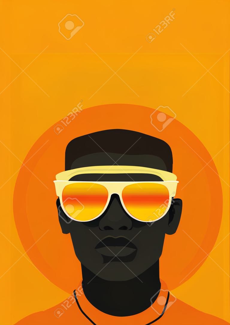 African American man in sunglasses portrait abstract orange yellow sun poster vector flat