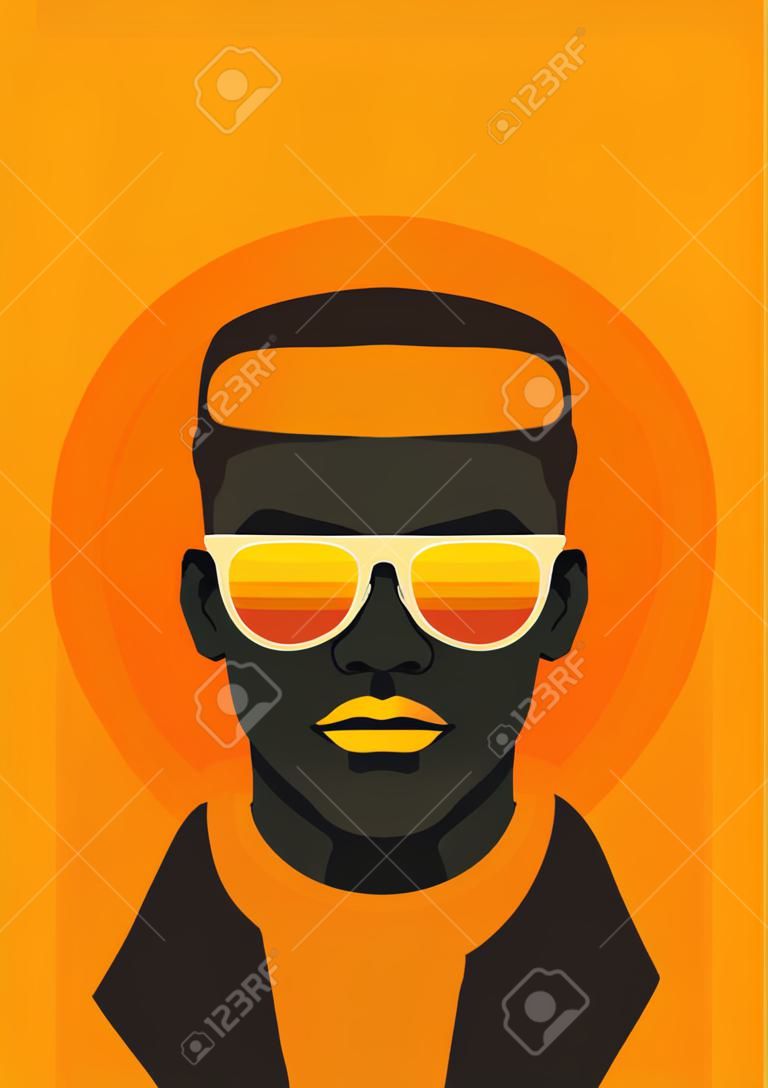 African American man in sunglasses portrait abstract orange yellow sun poster vector flat
