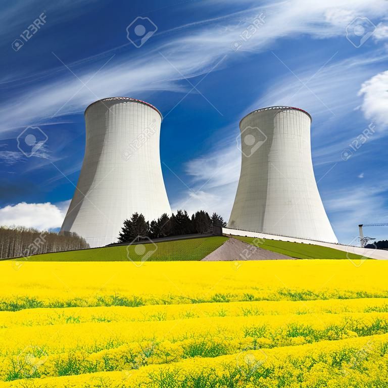 Kerncentrale Dukovany, koeltoren met gouden bloeiveld van koolzaad, canola of koolzaad-Tsjechië - twee mogelijkheden voor de productie van energie