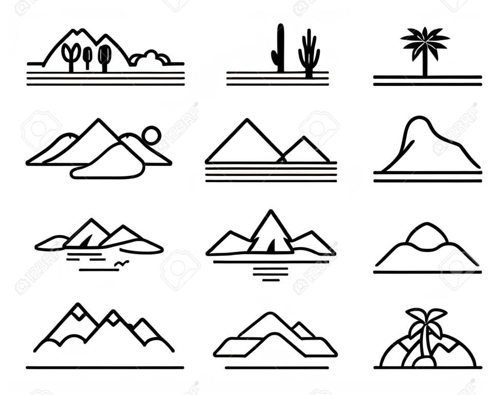 Conjunto de ícones de natureza vetorial: deserto, montanhas, floresta, rio, mar, lago. Símbolo de gráfico para viagens e turismo web site e aplicativos design