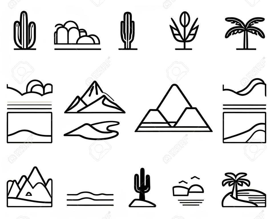 Conjunto de ícones de natureza vetorial: deserto, montanhas, floresta, rio, mar, lago. Símbolo de gráfico para viagens e turismo web site e aplicativos design