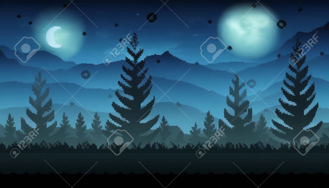 Pixel art forest at night seamless background for game  landscape or application.