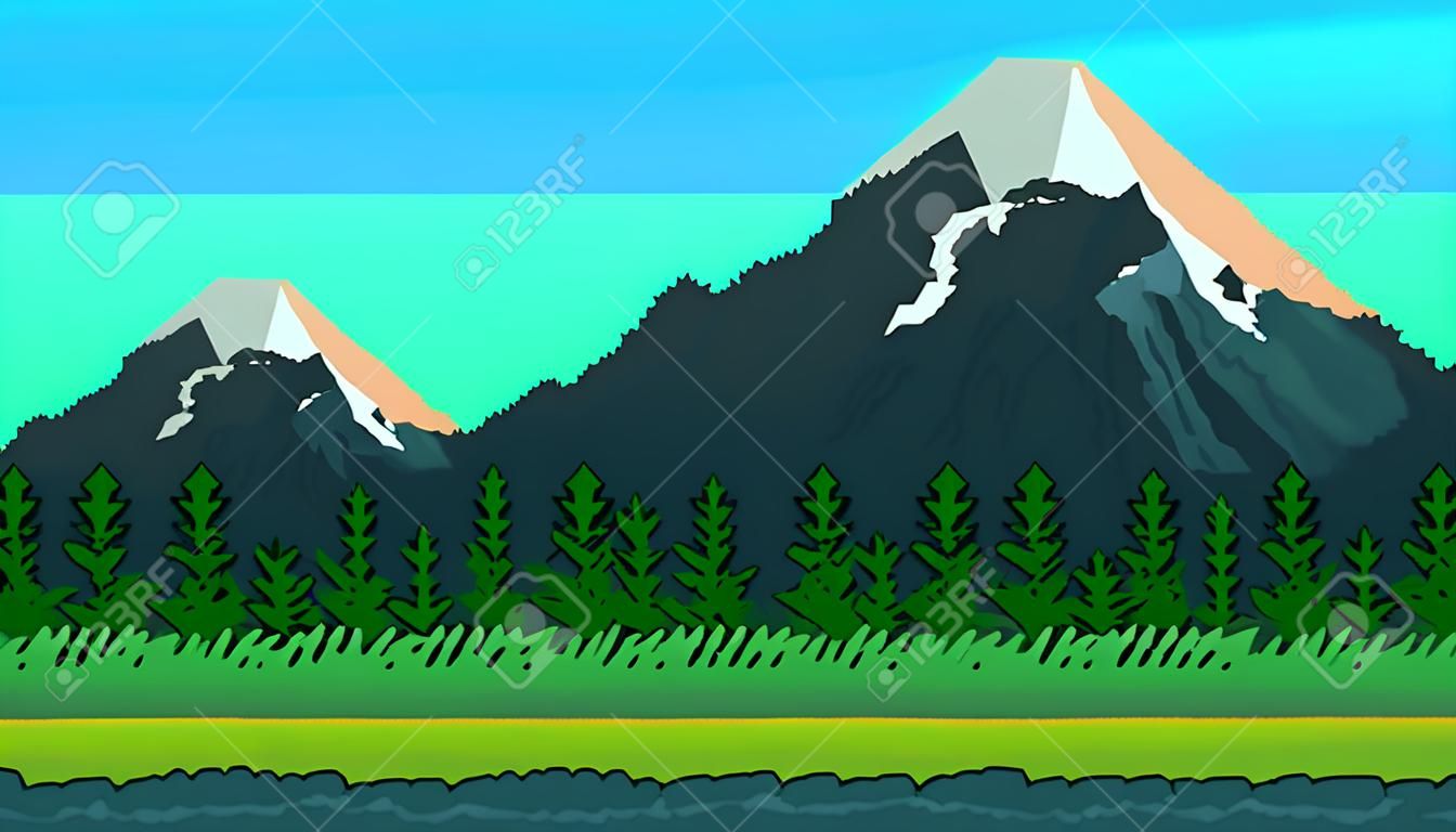 Pixel art mountains, grass and clouds seamless background for game lanscape or application.
