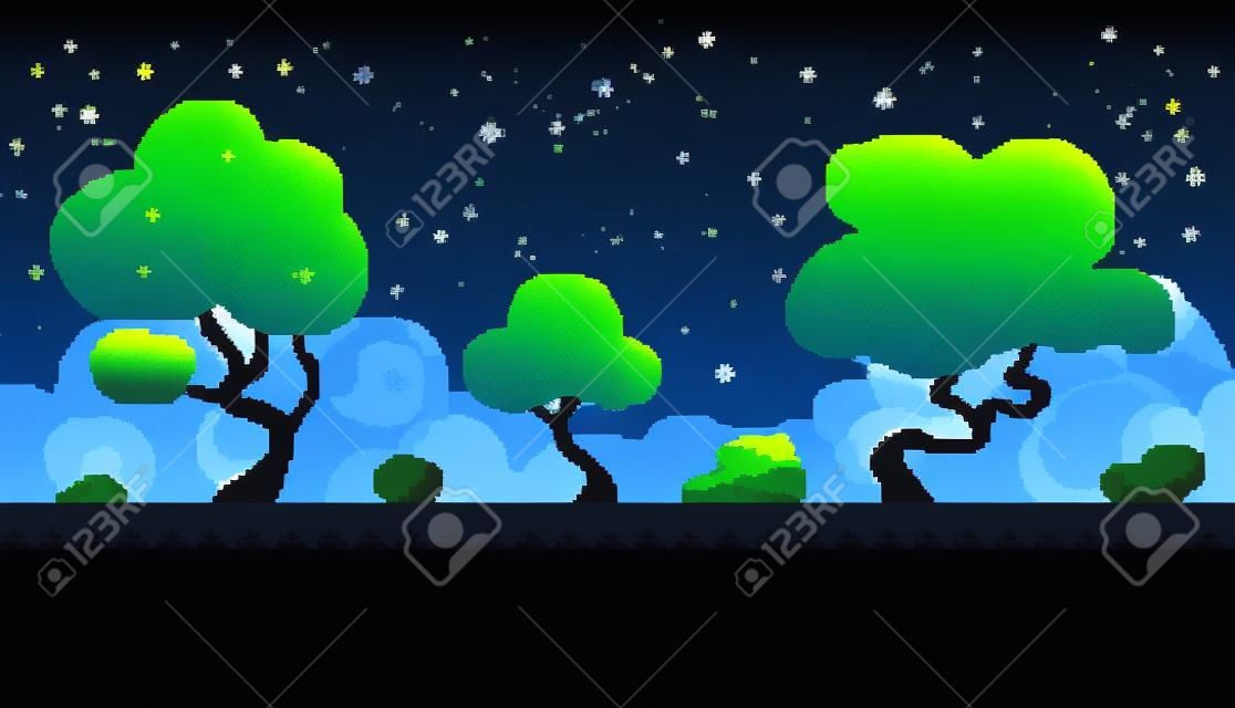 Пиксель арт бесшовный фон. Место с лесом ночью. Пейзаж для игры или приложения.