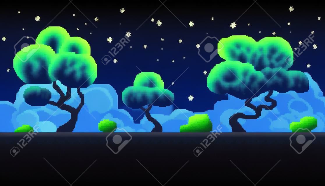 Пиксель арт бесшовный фон. Место с лесом ночью. Пейзаж для игры или приложения.