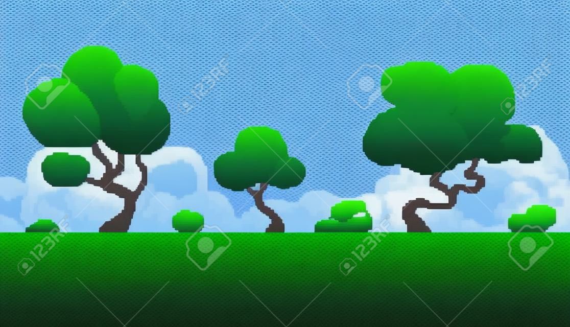 Pixel art seamless background. Location with forest at day. Landscape for game or application.