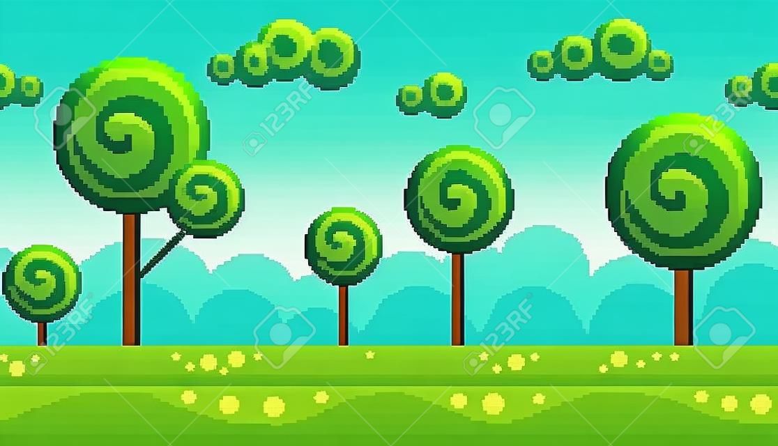 Pixel art seamless background. Location with stylized forest. Landscape for game or application.