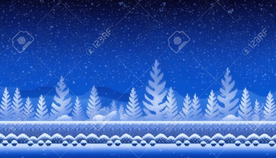 Pixel art seamless background. Location with snowy forest at night. Landscape for game or application.