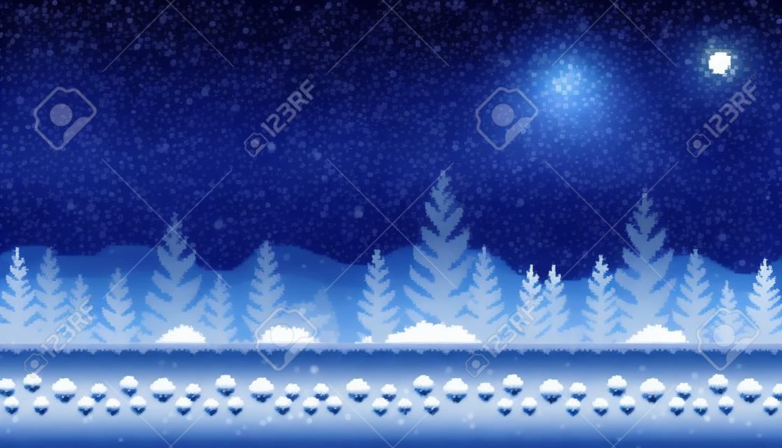 Pixel art seamless background. Location with snowy forest at night. Landscape for game or application.