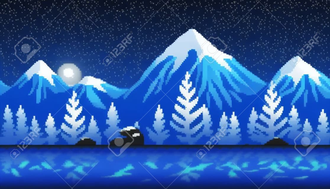 Pixel art seamless background. Location with snowy mountains at night. Landscape for game or application.