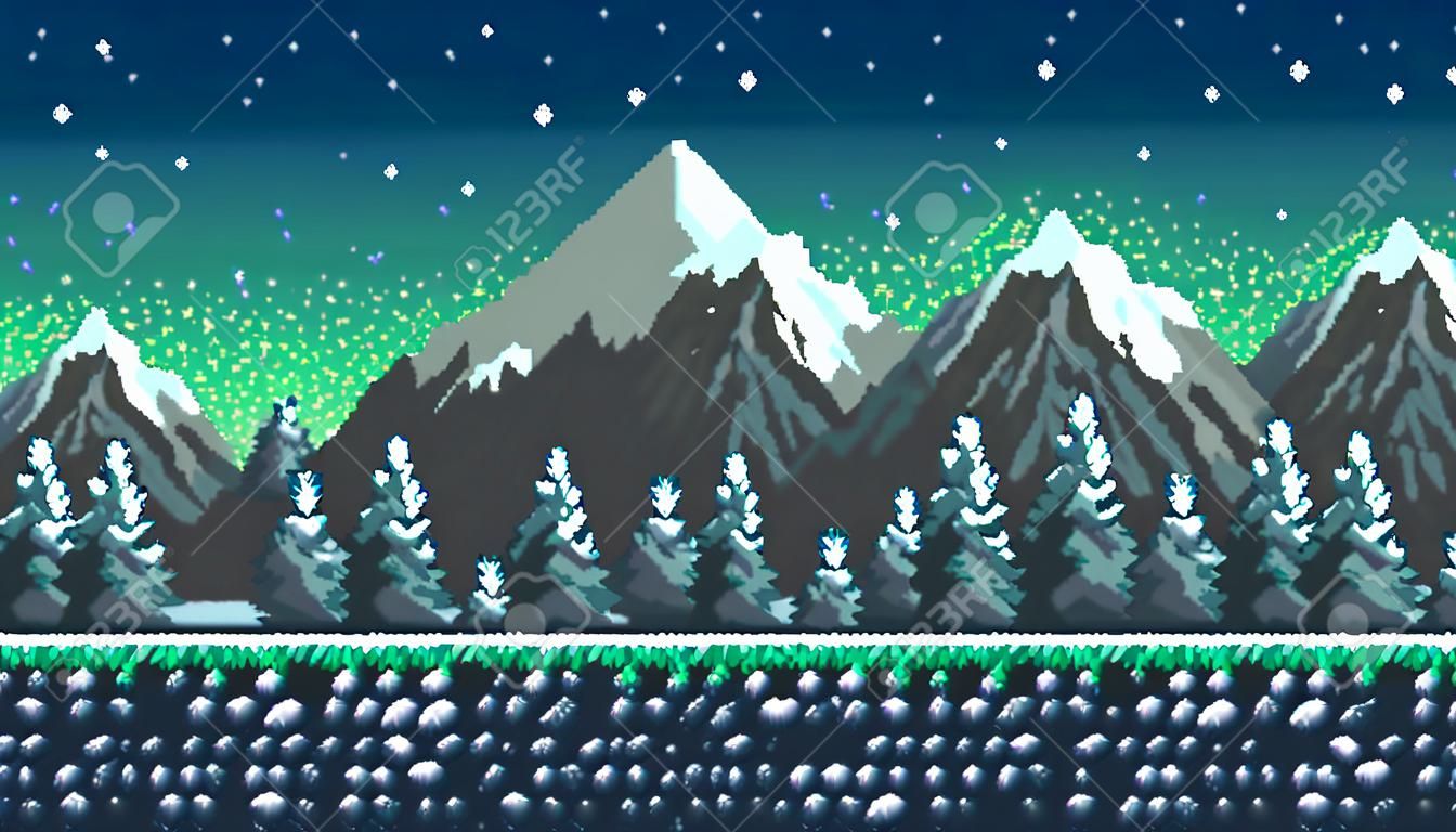 Pixel art seamless background. Location with snowy mountains at night. Landscape for game or application.