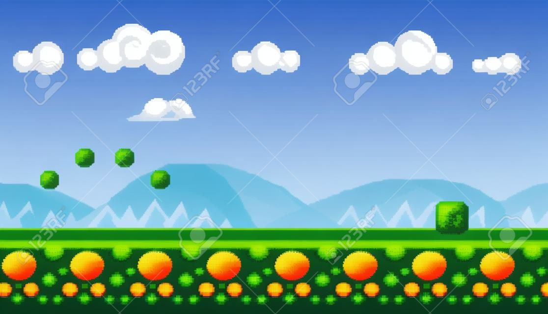 Nahtloser Hintergrund der Pixelkunst. Landschaft für Spiel oder Anwendung.