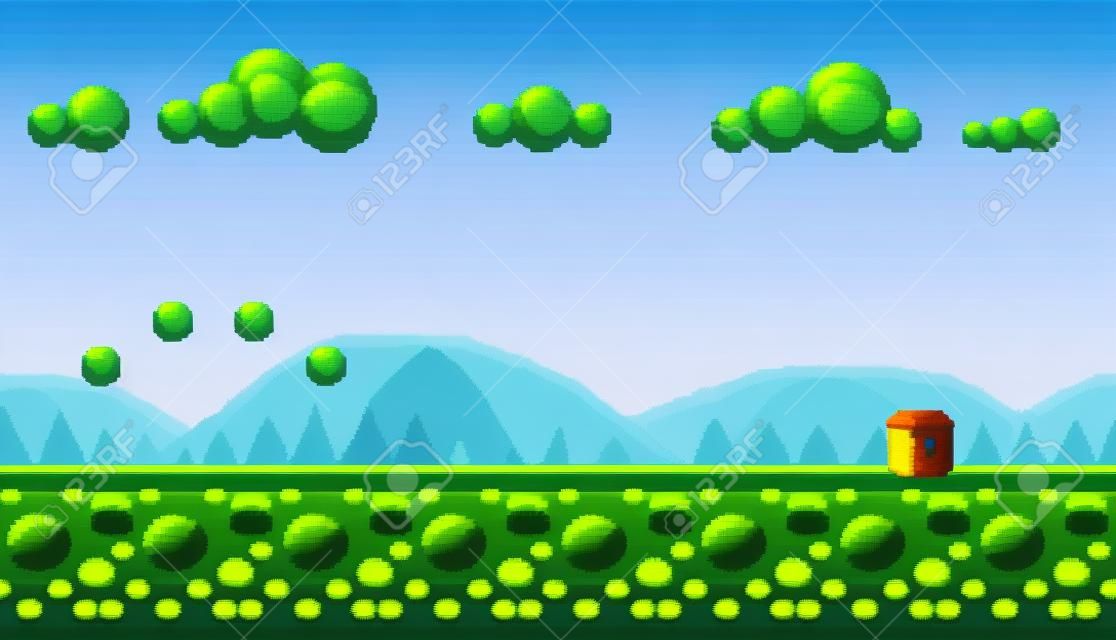 Nahtloser Hintergrund der Pixelkunst. Landschaft für Spiel oder Anwendung.