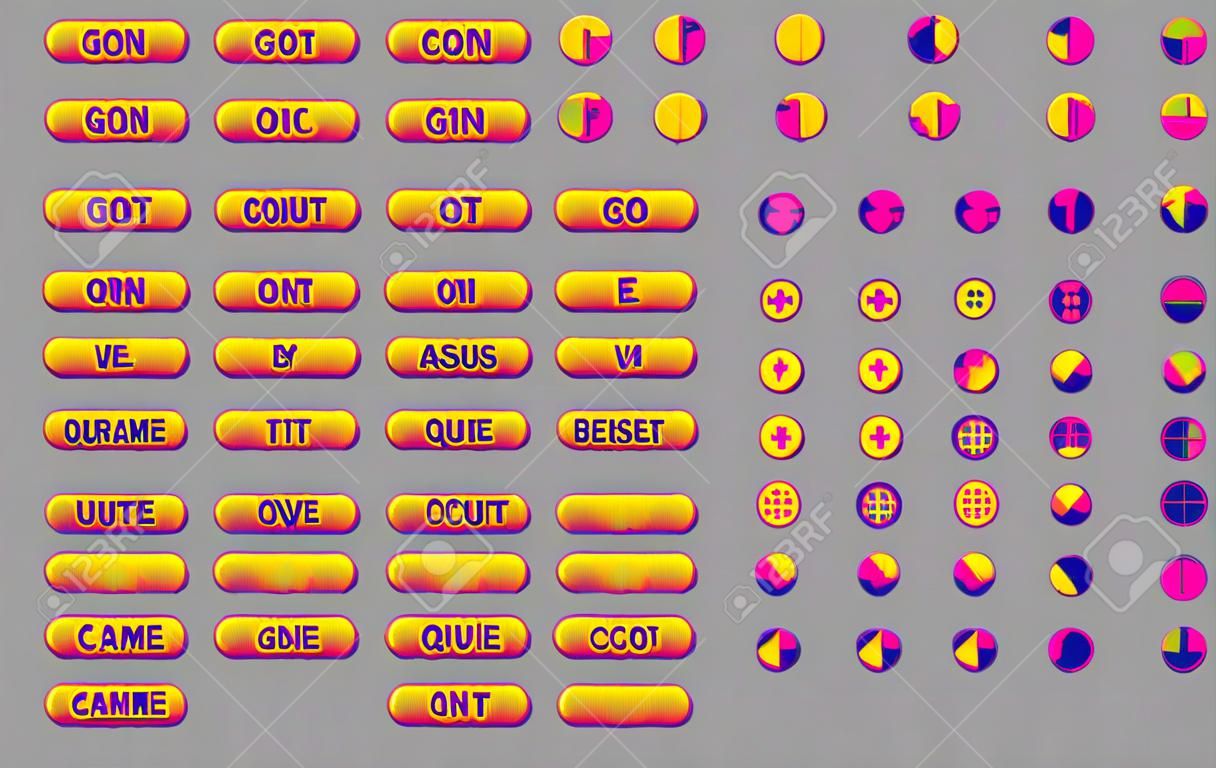 Pulsanti luminosi pixel art. Risorse vettoriali per il web o il game design. Elementi decorativi della GUI. Tema color caramello.