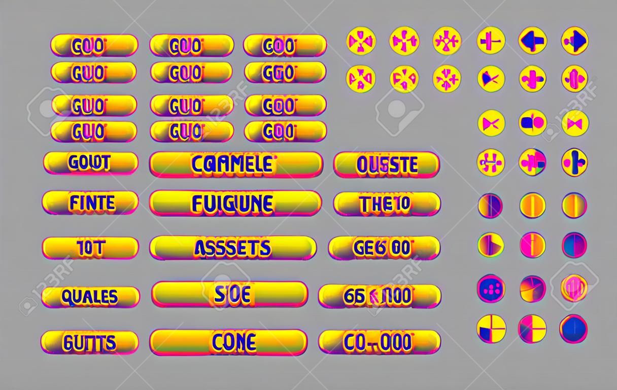 Pulsanti luminosi pixel art. Risorse vettoriali per il web o il game design. Elementi decorativi della GUI. Tema color caramello.