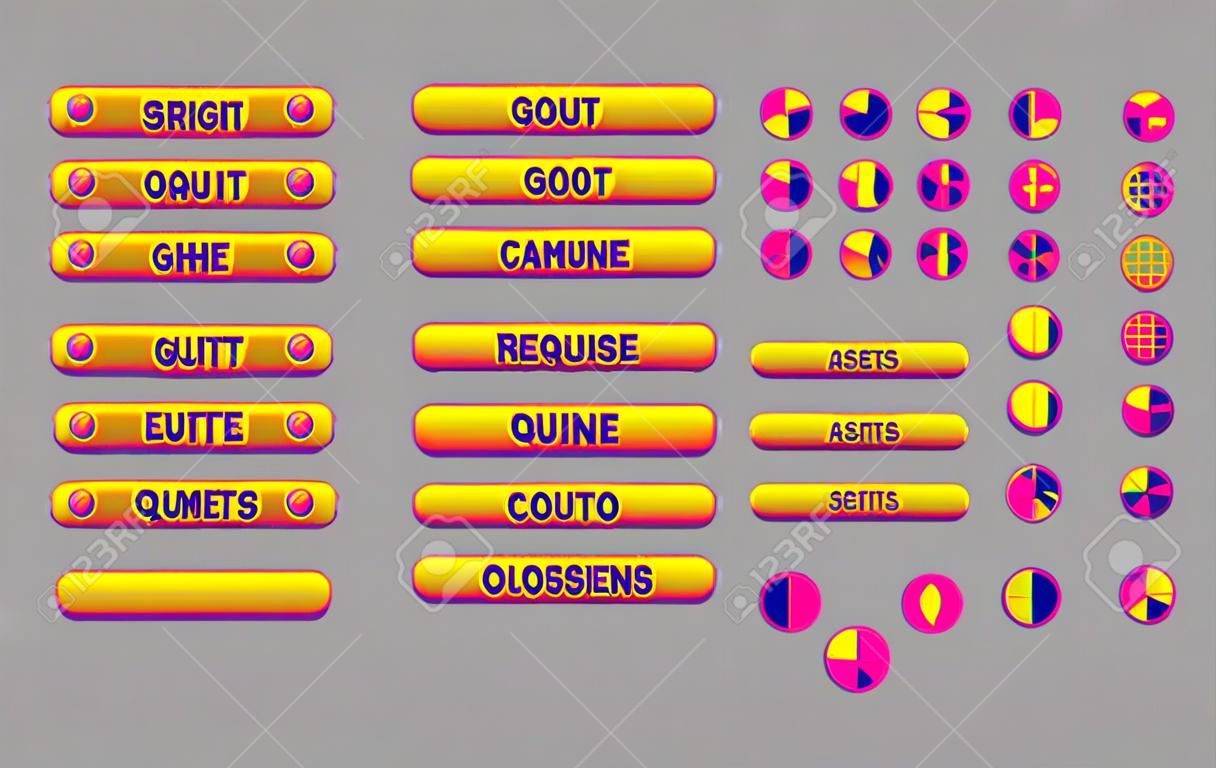 픽셀 아트 밝은 버튼. 웹 또는 게임 디자인을위한 벡터 자산. 장식 GUI 요소. 카라멜 컬러 테마.