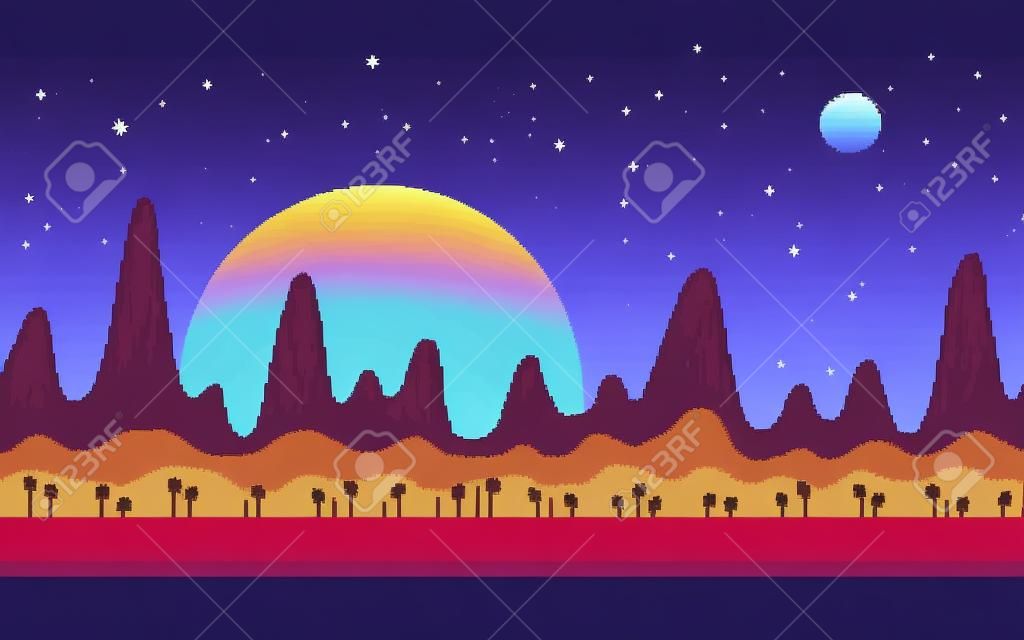 Área de montañas en planeta alienígena. Ubicación del juego Pixel Art. Fondo de vector transparente.