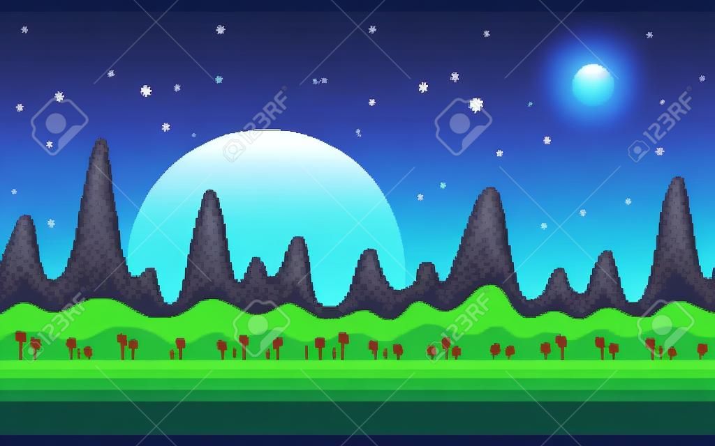 Mountains area on alien planet. Pixel art game location. Seamless vector background.