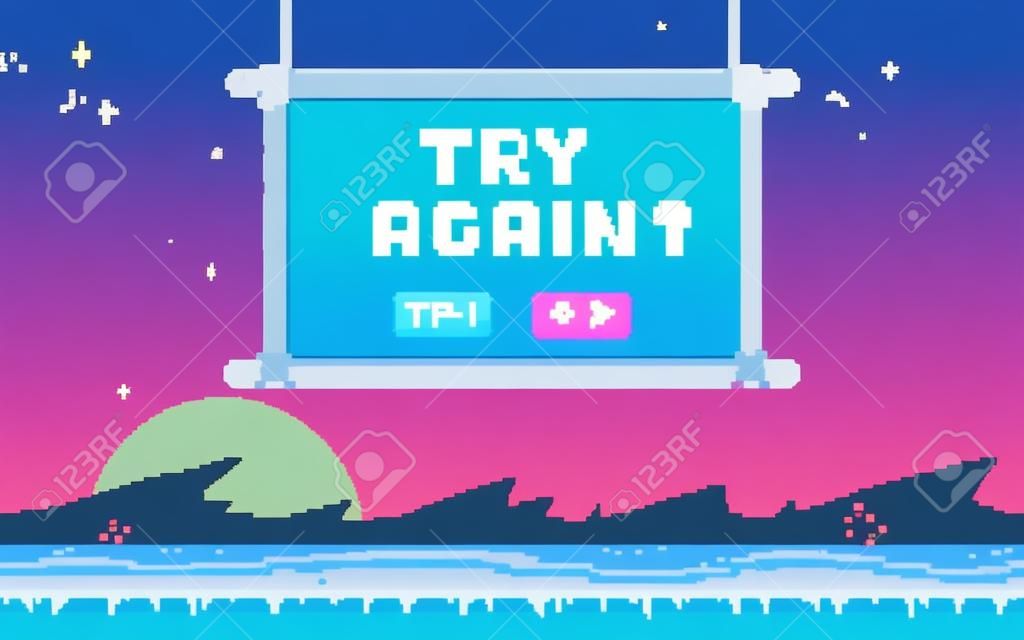 Pixel art UI design with outdoor landscape background. Colorful pixel arcade screen for game design. Banner with phrase "Try Again?". Game design concept in retro style. Vector illustration.