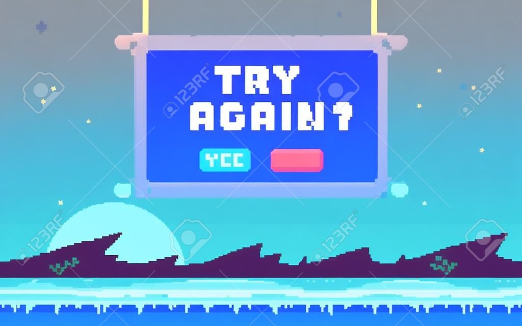 Pixel art UI design with outdoor landscape background. Colorful pixel arcade screen for game design. Banner with phrase "Try Again?". Game design concept in retro style. Vector illustration.