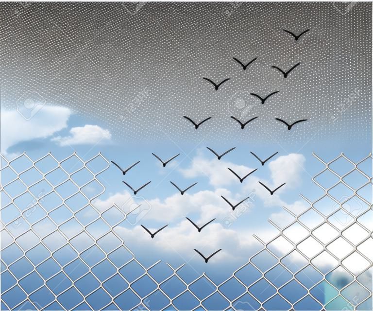 Malha de arame metálica se transforma em pássaros voadores sobre o céu