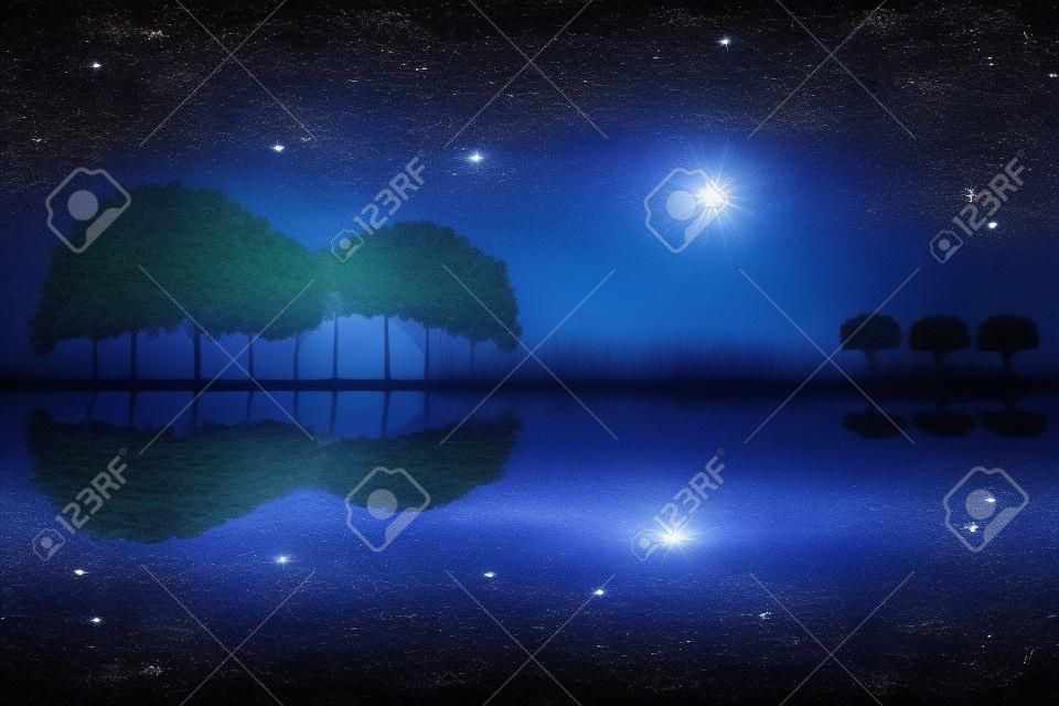 Trees arranged in a shape of a guitar on a starry sky background in a full moon night. Music island with a guitar reflection in water