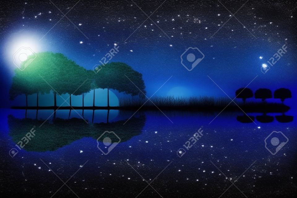 보름달 밤에 별이 빛나는 하늘 배경에 기타의 모양으로 배열 나무입니다. 물에서 기타 반사와 음악의 섬