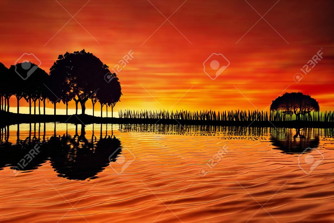 Trees arranged in a shape of a guitar on a sunset background. Music island with a guitar reflection in water