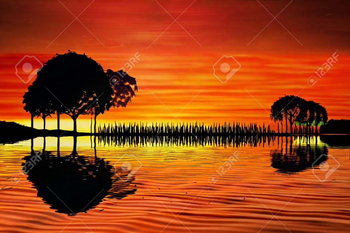 Árboles dispuestos en forma de una guitarra sobre un fondo puesta del sol. Isla de la música con un reflejo de la guitarra en el agua