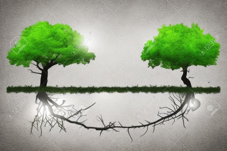Twee bomen voor elkaar met hun wortels die samen groeien. Samenwerking tussen bedrijven en groei. Sterke samenwerking en stichting als business concept