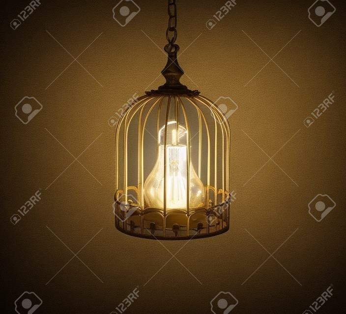 Lampje opgesloten in een oude kooi. Vergrendeld ideeconcept