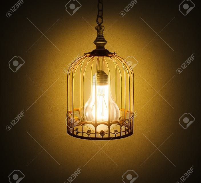 Lampje opgesloten in een oude kooi. Vergrendeld ideeconcept