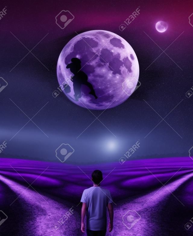 Surreal purple world with a person following the full moon, arrives in front of a crossroad, has to choose the correct way, left or right. Decisive choice concept, split pathway with two directions