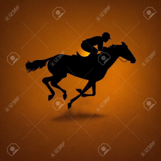 Corsa di cavalli. Silhouette di cavallo da corsa con fantino su sfondo isolato. Cavallo da corsa e fantino silhouette. Cavallo e cavaliere. Derby. Sport equestri.