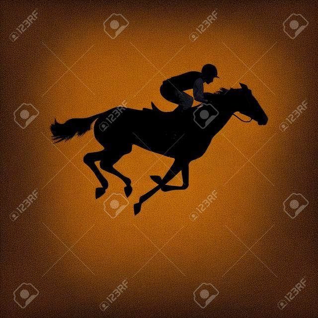 Wyścig konny. Sylwetka konia wyścigowego z dżokej na tle odizolowane. Wyścigi konne i dżokej sylwetkę. Koń i jeździec. Derby. Jeździectwo.